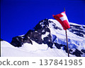 A Swiss flag fluttering in the blue sky against a backdrop of snow-capped mountains. 137841985