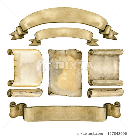 Comprehensive watercolor set of vintage parchment elements including arched banners, horizontal scrolls, and aged paper sheets with torn edges. Perfect for medieval maps, historical documents, and 137842006