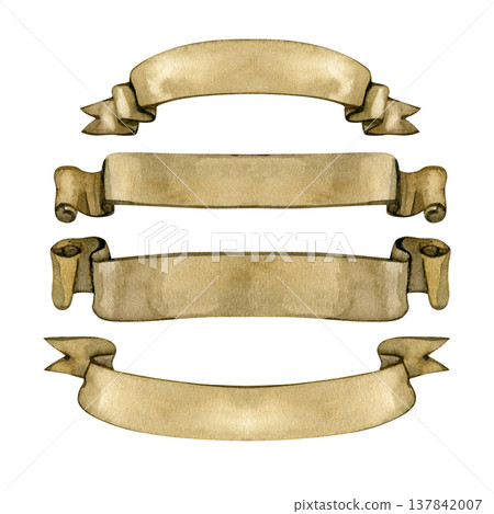 Hand-painted watercolor set of four vintage parchment banners. These antique paper scrolls feature aged textures and elegant curves, perfect for titles, headings, and heraldic wedding stationery. Hand-painted watercolor set of four vintage parchment banners. These antique paper scrolls feature aged textures and elegant curves, perfect for titles, headings, and heraldic wedding stationery. 137842007