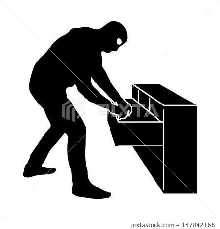 Silhouette illustration of a thief rummaging through a dresser drawer. Silhouette illustration of a thief rummaging through a dresser drawer. 137842168