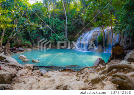 Landscape of Erawan waterfall in national park Is a waterfall in the deep forest at Kanchanaburi, Thailand. 137842198