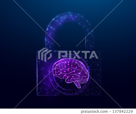 Human brain in padlock. Cyber mind concept with glowing low poly brain in lock on dark blue background. Wireframe low poly design. Abstract futuristic vector illustration. Human brain in padlock. Cyber mind concept with glowing low poly brain in lock on dark blue background. Wireframe low poly design. Abstract futuristic vector illustration. 137842229