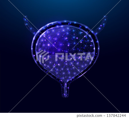 Human bladder. Design element for medical concept, bladder cancer, cystitis, human excretory system. Wireframe low poly style. Abstract vector illustration on dark blue background. Human bladder. Design element for medical concept, bladder cancer, cystitis, human excretory system. Wireframe low poly style. Abstract vector illustration on dark blue background. 137842244