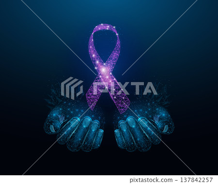 Two human hands are holds purple ribbon awareness. Wireframe glowing low poly. Bladder cancer, Alzheimers, Cystic Fibrosis, Lupus, Epilepsy, Domestic Violence concept 137842257