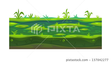 Game ground soil layers of green grass and water. Vector cartoon earth surface in garden or farm or forest meadow. Green horizontal land layer with water and plants for kids game 137842277