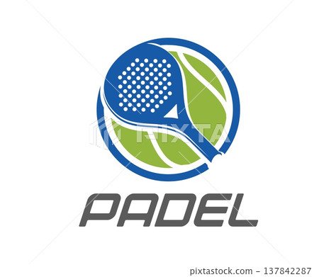 Padel tennis icon, paddle sport club symbol. Blue green paddle racket and tennis ball combined in circle emblem. Vector symbol for padel sport club, tennis academy branding or sports equipment shop Padel tennis icon, paddle sport club symbol. Blue green paddle racket and tennis ball combined in circle emblem. Vector symbol for padel sport club, tennis academy branding or sports equipment shop 137842287