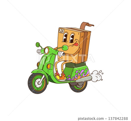 Cartoon groovy delivery box character on scooter with funny face, vector parcel package. Funky groovy parcel box with silly tongue out, riding motor scooter for cargo or mail post delivery character Cartoon groovy delivery box character on scooter with funny face, vector parcel package. Funky groovy parcel box with silly tongue out, riding motor scooter for cargo or mail post delivery character 137842288