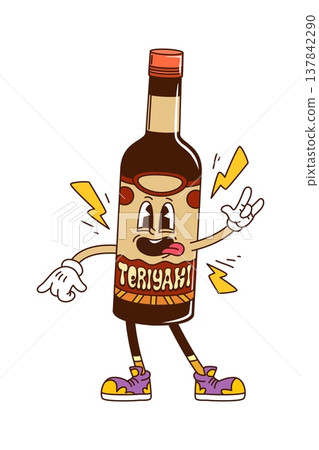Cartoon funky groovy teriyaki sauce bottle character with quirky smile, tongue out and lightning bolts. Vector retro food personage with funky y2k nostalgic vibes. Vintage condiment snack container 137842290