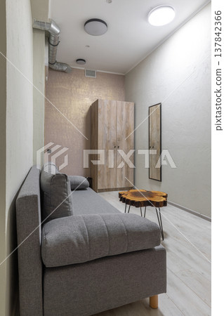 Hostel Lounge Area with Grey Sofa and Natural Wood Slab Table 137842366