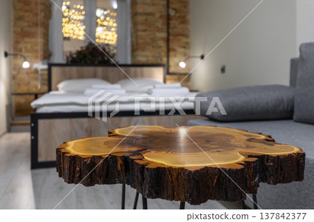 Hostel Private Room with Double Bed and Natural Wood Slab Table Hostel Private Room with Double Bed and Natural Wood Slab Table 137842377