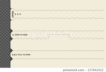 Realistic perforated tear strip line border and cut marks. Open to here and pull to open labels with dashed borders. Vector design features a dotted border as opening guidance. Design for packaging Realistic perforated tear strip line border and cut marks. Open to here and pull to open labels with dashed borders. Vector design features a dotted border as opening guidance. Design for packaging 137842422