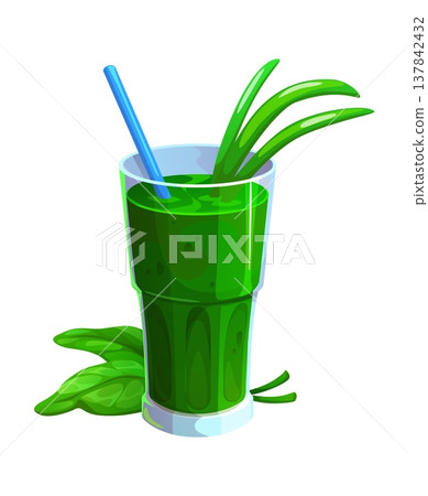 Healthy green smoothie drink topped with long green sprigs and a drinking straw. Fresh vegetable green smoothie in a tall clear glass. Cartoon vector juice with kiwi, avocado, celery and spinach 137842432