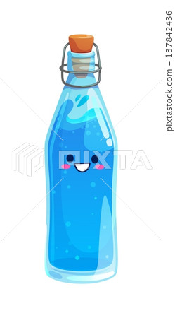 Cartoon water drink character. Cute kawaii blue glass bottle with sparkling water inside. Funny vector personage with happy smiling face, rosy cheeks and yellow cork Cartoon water drink character. Cute kawaii blue glass bottle with sparkling water inside. Funny vector personage with happy smiling face, rosy cheeks and yellow cork 137842436