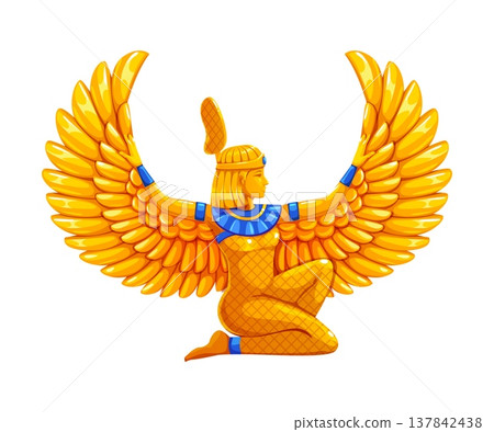 Ancient golden winged Egyptian goddess, Isis or Maat statue. Egypt game icon, treasure asset. Cartoon vector Egypt civilization deity with wide gold wings in kneeling pose, sacred symbol of protection Ancient golden winged Egyptian goddess, Isis or Maat statue. Egypt game icon, treasure asset. Cartoon vector Egypt civilization deity with wide gold wings in kneeling pose, sacred symbol of protection 137842438