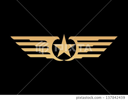 Golden wings emblem icon. Majestic golden emblem featuring symmetrical wings spread wide in flight, with star at its center. Powerful vector symbol for elite corporate branding or leadership award Golden wings emblem icon. Majestic golden emblem featuring symmetrical wings spread wide in flight, with star at its center. Powerful vector symbol for elite corporate branding or leadership award 137842439