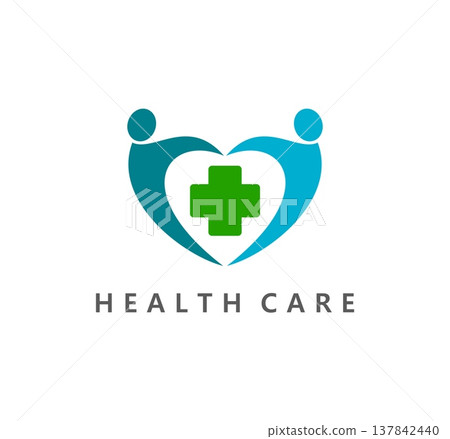 Pharmacy, hospital and health care icon. Blue and green medical emblem featuring two human silhouettes holding hands with cross at its center. Vector symbol of unity and healing, perfect for hospital 137842440