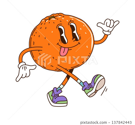 Cartoon groovy orange fruit character. Happy, smiling orange fruit in purple sneakers, sticking out its tongue with funky 70s vibe. Retro psychedelic vector mascot for groovy food graphics 137842443