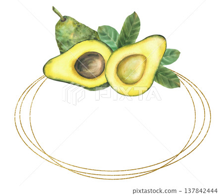 Whole avocado and cut halves fruit with and without seed with green leaves above an elegant golden circular frame. Watercolor painted illustration isolated on white background for branding, packaging. Whole avocado and cut halves fruit with and without seed with green leaves above an elegant golden circular frame. Watercolor painted illustration isolated on white background for branding, packaging. 137842444