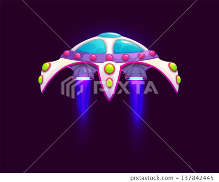 Cartoon unidentified flying objects game icon, UFO flying saucer, extraterrestrial spaceship asset. Playful UFO with lights and blue flames bursting from nozzle. Cartoon vector icon for space game Cartoon unidentified flying objects game icon, UFO flying saucer, extraterrestrial spaceship asset. Playful UFO with lights and blue flames bursting from nozzle. Cartoon vector icon for space game 137842445