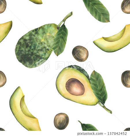 Watercolor avocado seamless pattern with leaves, whole, half, slices pieces of green fruit and seed. Healthy plant eco design hand drawn illustration isolated from background for fabric, wallpaper. 137842452