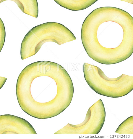 Avocado cut fruit, circles and pieces pulp seamless pattern.Watercolor Rounds, half and slices of chopped avocado. Hand drawn illustration isolated from background Green vegetables for fabric print Avocado cut fruit, circles and pieces pulp seamless pattern.Watercolor Rounds, half and slices of chopped avocado. Hand drawn illustration isolated from background Green vegetables for fabric print 137842453