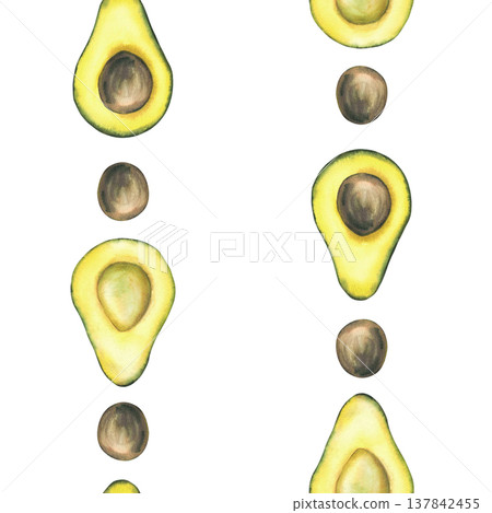 Watercolor Avocado seamless pattern. Whole and cut fruit halves with and without seed. Hand drawn illustration isolated from background vertical striped design for Food fabric, kitchen wallpaper print Watercolor Avocado seamless pattern. Whole and cut fruit halves with and without seed. Hand drawn illustration isolated from background vertical striped design for Food fabric, kitchen wallpaper print 137842455