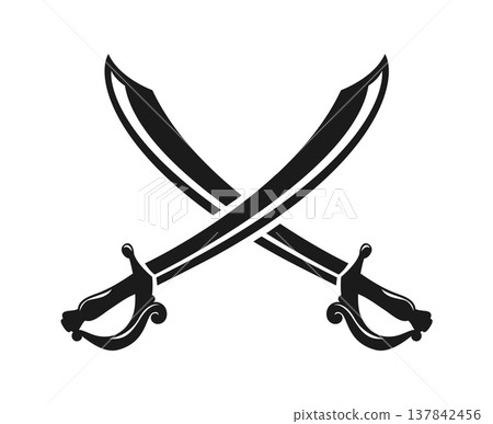 Crossed battle pirate sabers icon, corsair sword blades and daggers. Dynamic crossed weapons icon capturing the spirit of pirate warfare. Clean vector silhouette for nautical adventure game interfaces 137842456