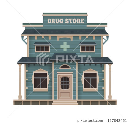 Western town drug store cartoon building. US Western architecture wooden construction, American ancient drug store vector house facade. Texas Wild West town pharmacy porch or two storey building Western town drug store cartoon building. US Western architecture wooden construction, American ancient drug store vector house facade. Texas Wild West town pharmacy porch or two storey building 137842461