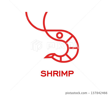 Shrimp seafood icon featuring clean bold red line art shrimp with antennae and geometric body segments. Outline vector symbol for seafood restaurant, fish market emblem, and marine food business Shrimp seafood icon featuring clean bold red line art shrimp with antennae and geometric body segments. Outline vector symbol for seafood restaurant, fish market emblem, and marine food business 137842466