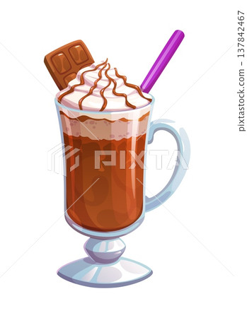 Coffee dessert drink. Tall glass mug filled with creamy chocolate and drizzled with chocolate syrup, drink topped with whipped cream swirls and choco piece. Cartoon vector hot drink, delicious treat 137842467