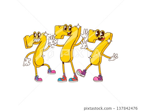 Cartoon groovy casino characters. Funky dancing, golden number sevens with playful faces, and flashing bright teeth. Retro psychedelic vector personages for fun game night promotion Cartoon groovy casino characters. Funky dancing, golden number sevens with playful faces, and flashing bright teeth. Retro psychedelic vector personages for fun game night promotion 137842476