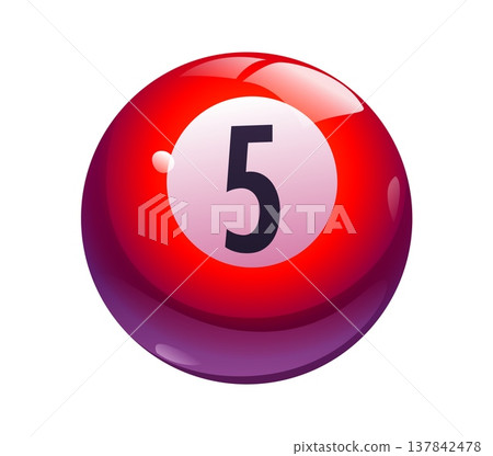 Cartoon red billiard pool ball with number 5 in center, cartoon casino gambling game symbol. Isolated vector fun lottery, snooker or keno glossy sphere for gamble games, sports and recreation 137842478