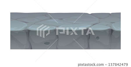 Game ground soil layers of stone and rocky terrain. Cartoon vector ground layer with rocky stone texture and cracked soil. Grey terrain with uneven blocks for game backgrounds and landscape assets 137842479