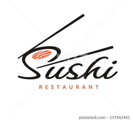 Traditional salmon sushi vector icon, Japanese restaurant symbol featuring chopsticks and sushi roll integrated in typography. Vector black and red emblem for traditional Asian cuisine and sushi bar Traditional salmon sushi vector icon, Japanese restaurant symbol featuring chopsticks and sushi roll integrated in typography. Vector black and red emblem for traditional Asian cuisine and sushi bar 137842481