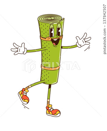Cartoon groovy camping mat funky character with funny face, vector travel object. Groovy camping mattress roll character smiles or laughs in positive good mood and walking in hipster shoes Cartoon groovy camping mat funky character with funny face, vector travel object. Groovy camping mattress roll character smiles or laughs in positive good mood and walking in hipster shoes 137842507