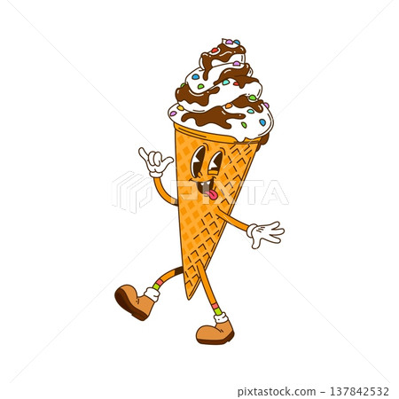Cartoon groovy ice cream or retro gelato desert sweet character, vector funny personage. Groovy ice cream gelato character in wafer cone with chocolate syrup, freaky face and yummy tongue out 137842532