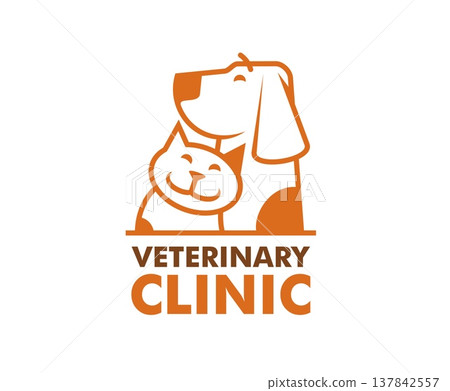 Veterinary clinic icon with dog and cat characters or cartoon pets, vector emblem. Veterinary clinic and vet doctor or pet care medical center badge, dog and cat together with happy muzzle faces 137842557