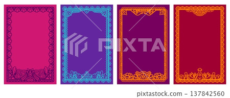 Mexican papel picado holiday border frames for Hispanic fiesta festival invitation, vector borders. Mexican papel picado frames with sombrero, calavera skull and guitar paper cut ornaments for banners 137842560