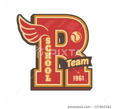 Varsity sport patch label with letter R and baseball ball for university team, vector emblem. College league or varsity and school sport team patch with letter R, red wings and star for t shirt label 137842561
