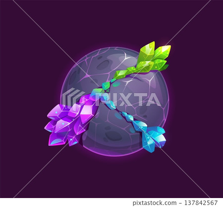 Cartoon alien space planet with color crystals of ice, vector galaxy fantasy icon. Cartoon alien space planet with gemstone landscape of gem crystals for cosmic adventure or fantastic galaxy game Cartoon alien space planet with color crystals of ice, vector galaxy fantasy icon. Cartoon alien space planet with gemstone landscape of gem crystals for cosmic adventure or fantastic galaxy game 137842567