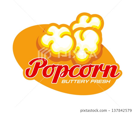 Popcorn icon, pop corn vector label. Movie snack badge with yellow corn kernels and red lettering buttery fresh represents tasty cinema snack. Crispy food emblem for movie, restaurant, or fastfood 137842579