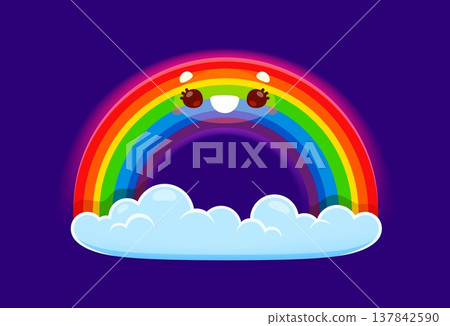 Cartoon funny weather character of rainbow with happy face, vector icon. Weather character or rainbow with cute smile and cloud for rain or rainy day weather emoji and cheerful emoticon in kids design 137842590
