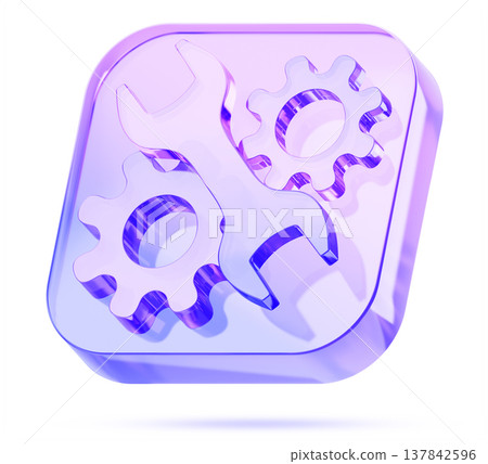 Holographic glass square button 3d icon with wrench and gears. Settings, configuration, technical support, repair. UI design element, purple blue gradient spanner tool with cog wheel. 3D illustration 137842596