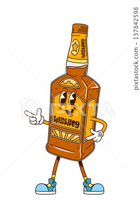 Cartoon groovy whiskey bottle or alcohol drink character with funky face, vector beverage. Groovy whiskey bottle drink character in hipster shoes with happy funny smile emotion and cool gesture Cartoon groovy whiskey bottle or alcohol drink character with funky face, vector beverage. Groovy whiskey bottle drink character in hipster shoes with happy funny smile emotion and cool gesture 137842598