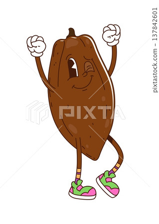Cartoon funky groovy cocoa bean nut with funny face, vector character. Groovy cocoa bean or cacao nut comic emoji cartoon character in hipster shoes with cute smile and winking eye with happy gesture Cartoon funky groovy cocoa bean nut with funny face, vector character. Groovy cocoa bean or cacao nut comic emoji cartoon character in hipster shoes with cute smile and winking eye with happy gesture 137842601