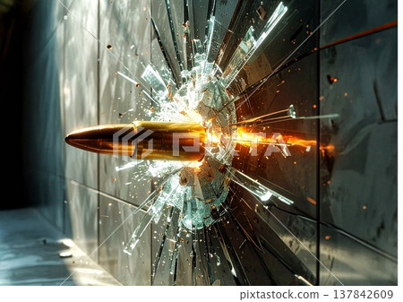 A 3D illustration of a bullet piercing a wall, sending sparks flying. A 3D illustration of a bullet piercing a wall, sending sparks flying. 137842609