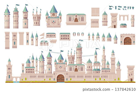 Medieval fortress towers, town and castle game constructor, vector ancient gates. Castle constructor of tower wall and turret stone building of king palace, arched bridge and fort rooftops with spires Medieval fortress towers, town and castle game constructor, vector ancient gates. Castle constructor of tower wall and turret stone building of king palace, arched bridge and fort rooftops with spires 137842610