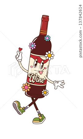 Cartoon groovy wine bottle funky character with smile on face, vector alcohol drink. Groovy red wine bottle character with hippie daisy flowers and love hearts walking in hipster shoes with tongue out 137842614