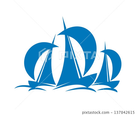 Yachting sail sport icon of yacht boat or sailboat at sea for nautical club, vector badge. Yachting sport icon of yacht ships on ocean waves, blue silhouette of boat sails for marine regatta club 137842615