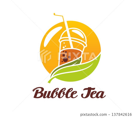 Milk bubble tea icon. Brown boba drink cup with straw and tapioca pearls on yellow circle with green tea leaf and bold cursive script. Vector symbol for bubble tea shop, cafe menu, drink packaging 137842616